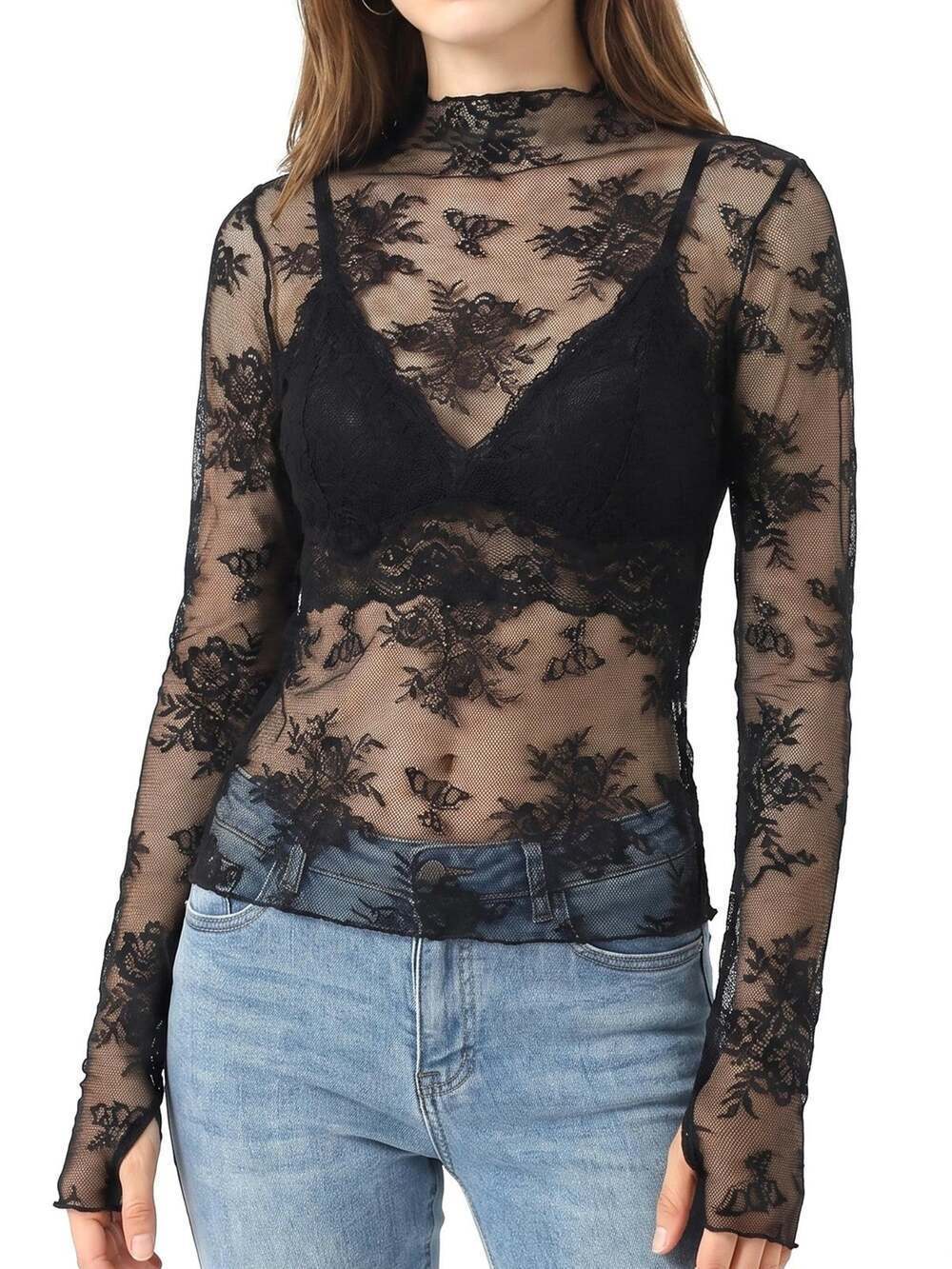 ZhouBoat Womens Sheer Lace Mock Neck Long Sleeve Top L Black Floral Mesh